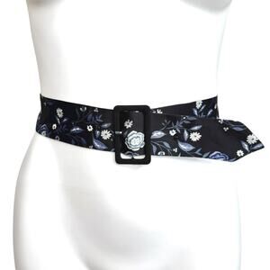 Vintage 1970s Astor Germany Floral Fabric Belt Blue Black Silver Buckle